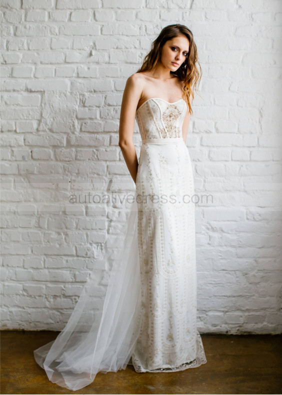 Sweetheart Neck Gold Lace Tulle Wedding Dress